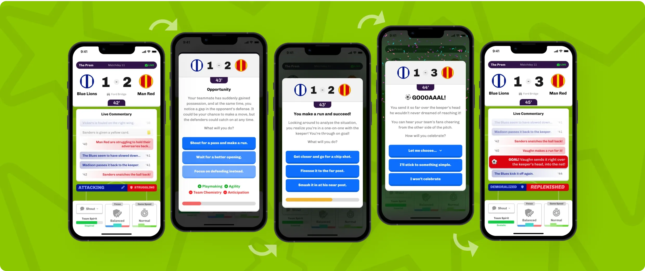Football Career match engine interface showing gameplay simulation